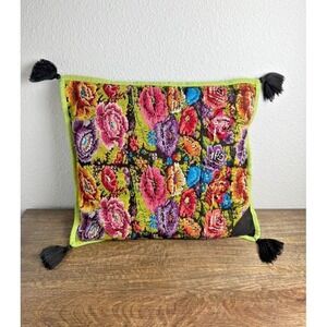 Vintage Handmade Floral Needlepoint Throw Pillow Tassels English Country Decor